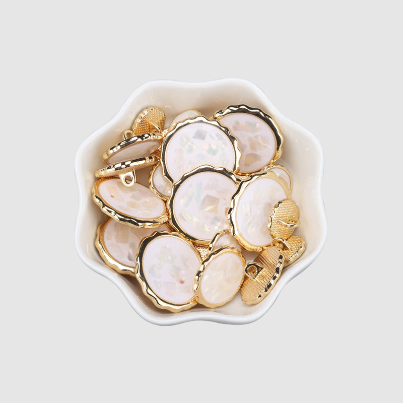 Set of gold-tone abalone shell buttons, scalloped edges, multiple iridescent white tops