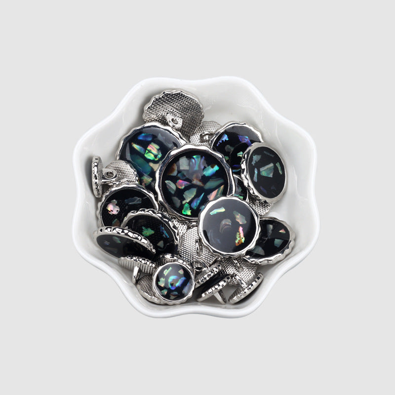 Set of silver-tone abalone shell buttons, dark iridescent tops with metal loop backs