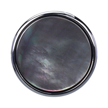 Natural black shell button with metal shank, glossy round face