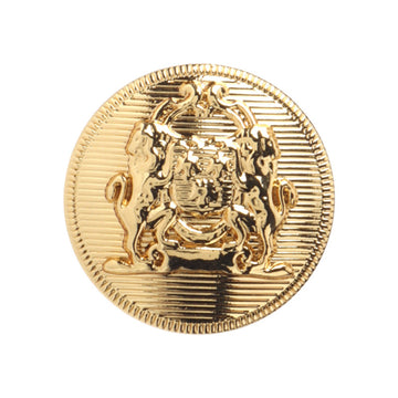 Gold lion crest metal shank button, round with raised decorative center