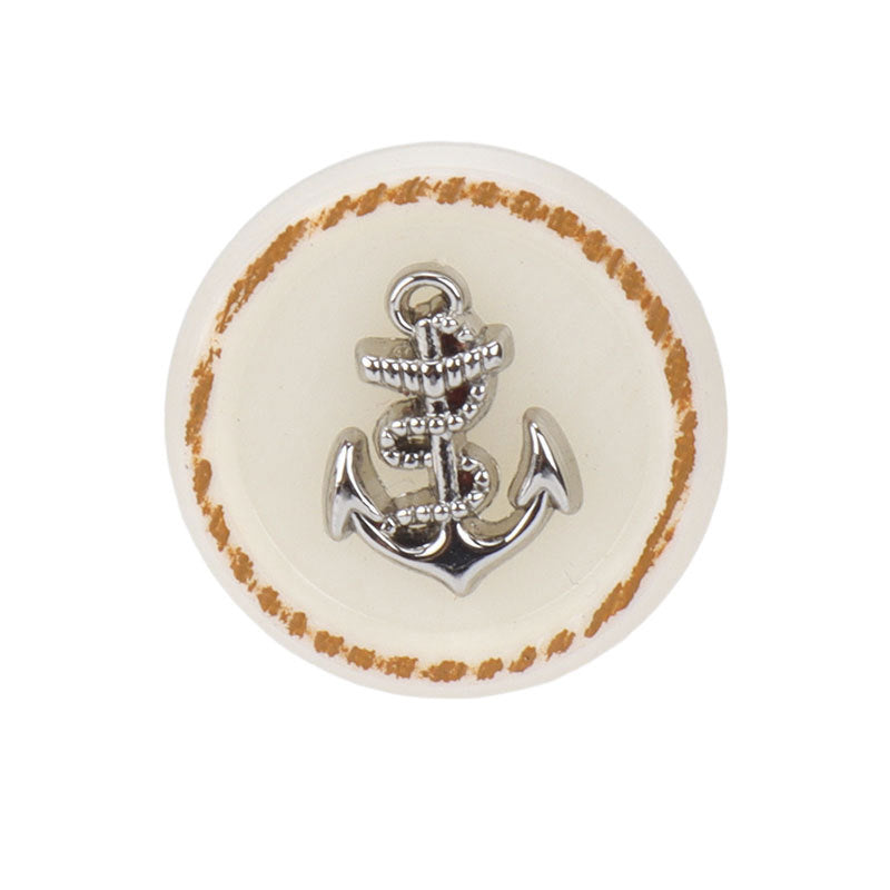 Round beige anchor-themed resin metal hand-sewing button, silver anchor detail