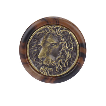 Vintage lion head button, dark brown rim, gold lion emblem, round front