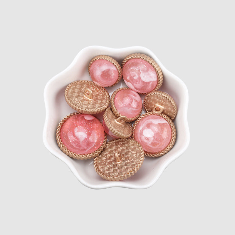 12 pink round resin alloy shank buttons with gold-tone rims, assorted view