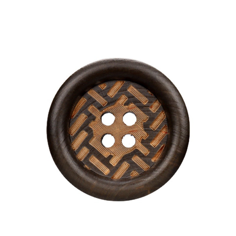 Round dark brown wooden button, four-hole, laser-engraved cross pattern