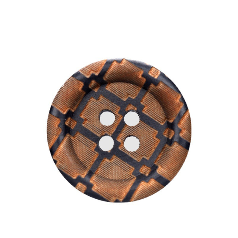 Round 4-hole navy wood button with laser-carved vintage geometric pattern