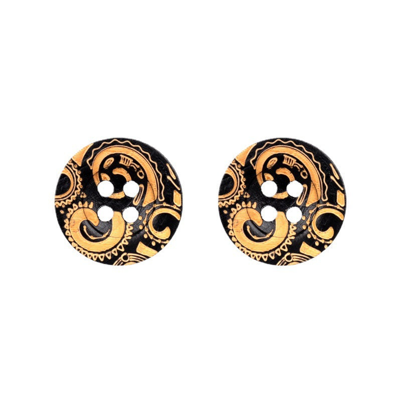 Black wooden 4-hole buttons, vintage laser-carved gold pattern (2 shown)
