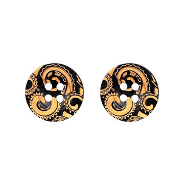 Black wooden 4-hole buttons, vintage laser-carved gold pattern (2 shown)