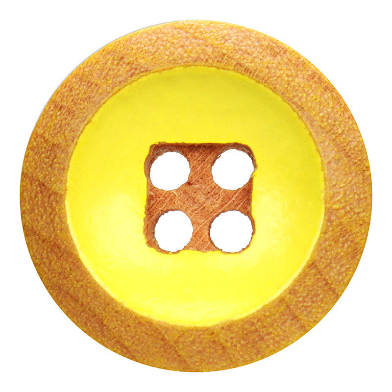 Round 4-hole wooden button with yellow paint, 12.5mm