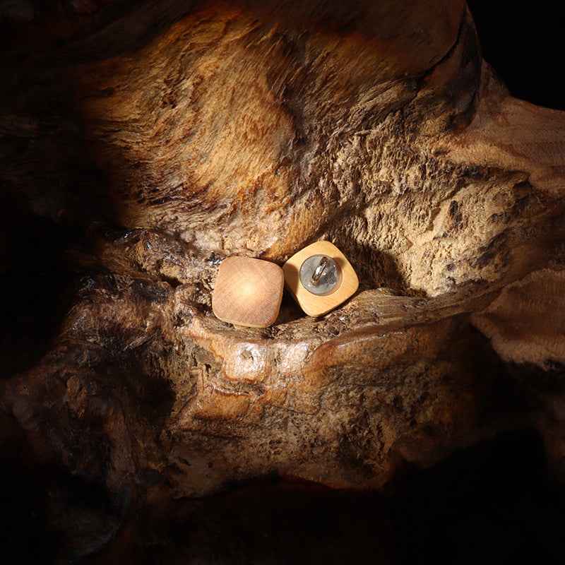Set of tan square wood shirt buttons with metal shank, high-footed