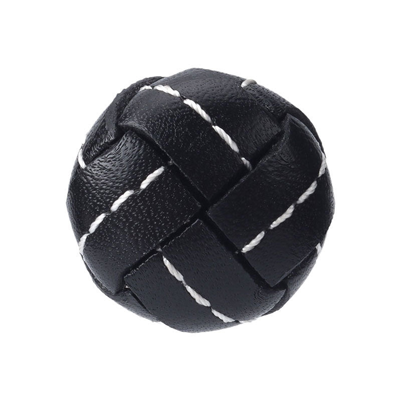Black stitched genuine leather football button with white cross-stitch lines