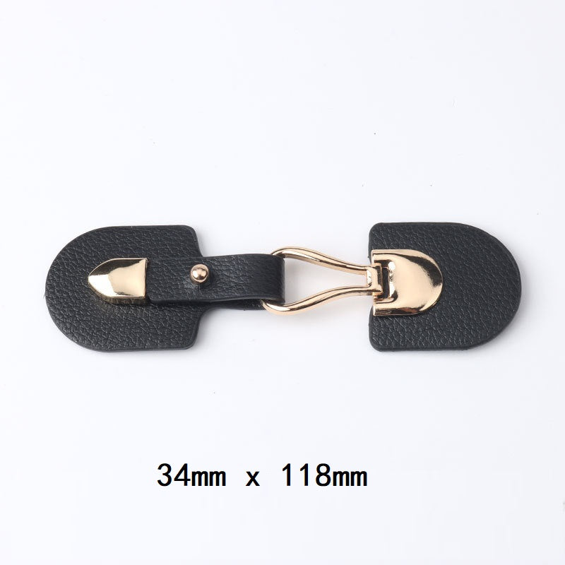 Black leather buckle strap with gold-tone clasp, size 34mm x 118mm