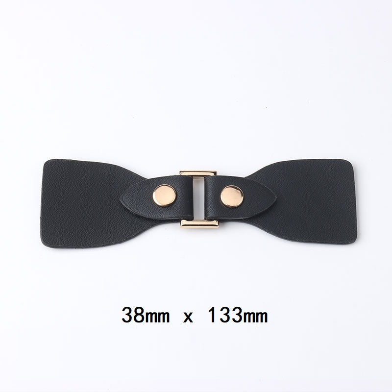 Black leather bow-style buckle with two snaps and gold-tone bar, size 38mm x 133mm