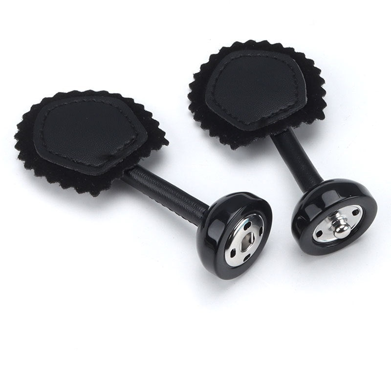 Black leather buckle snap buttons, 190mm: two scalloped leather pads with resin posts