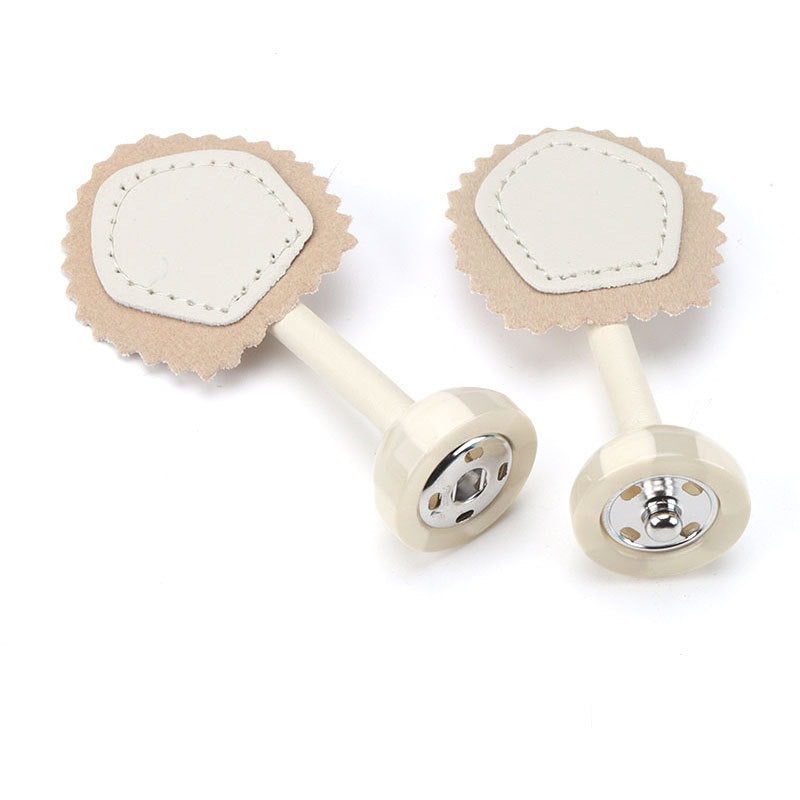 Beige leather buckle snap buttons, 190mm: two scalloped pads and clear resin button posts