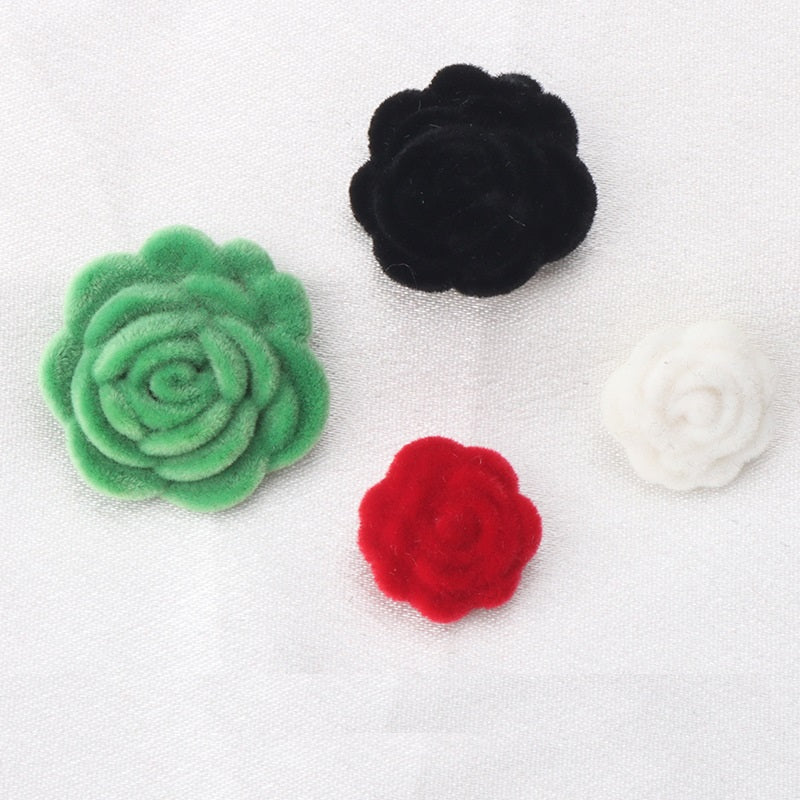 Assorted velvet buttons: green rose, black flower, red flower, and white flower, 2 holes