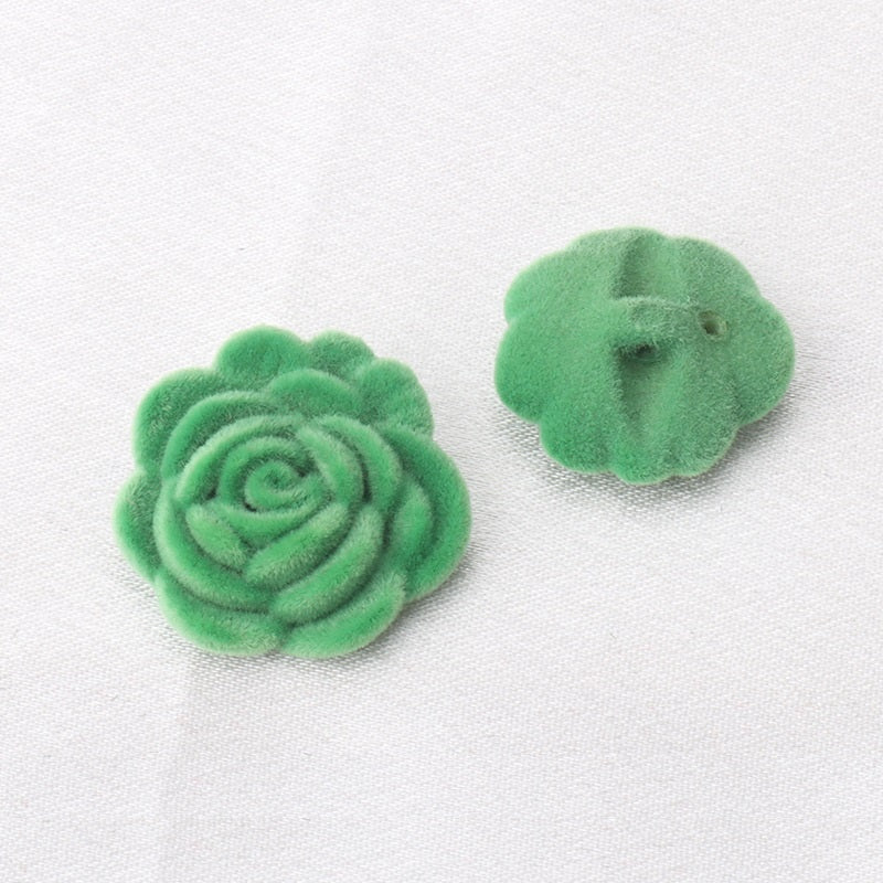 Green velvet buttons (15/21/25mm), rose and round flower shapes, 2 holes