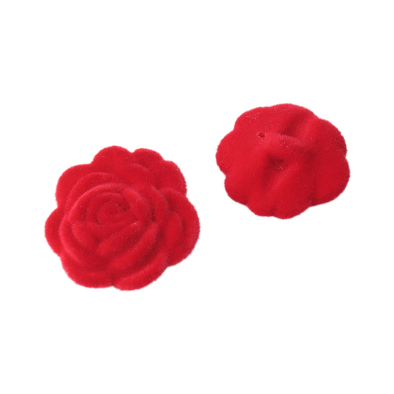 Red velvet rose buttons (15/21/25mm), rose and round flower shapes, 2 holes