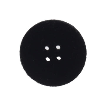 Black flocked flat button with four holes (15–25mm), close-up, front view