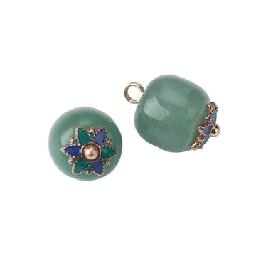Green natural jade bead button with gold studded flower mount and loop, 8pcs