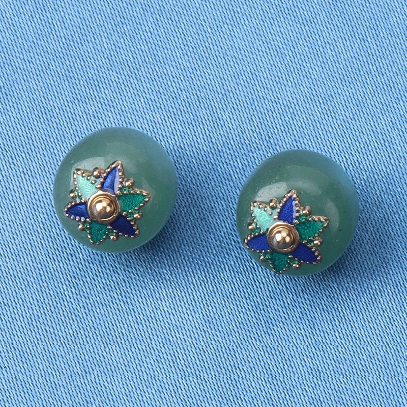 Green jade bead buttons with gold flower mount detail and blue-green enamel petals
