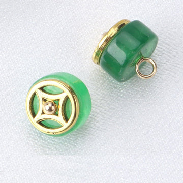 Emerald green jade cylindrical cheongsam frog button, gold rim, 10x6mm, with loop