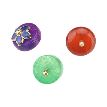 Natural jade buttons set: purple floral top, red and green round stud fronts