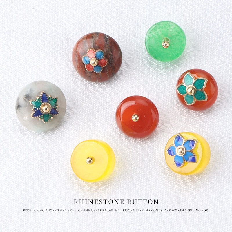 Natural jade buttons assortment: green, yellow, red, purple, gray and brown floral designs