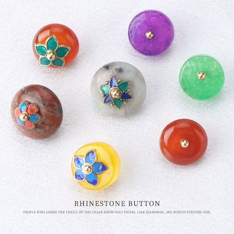 Colorful jade buttons (6): green, purple, red, yellow, gray, brown with floral details