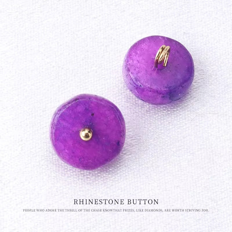 Purple natural jade buttons shown from front with gold stud and loop backs
