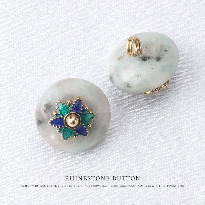 10mm jade buttons: gray stone with blue/green flower settings, 2-hole mounts.
