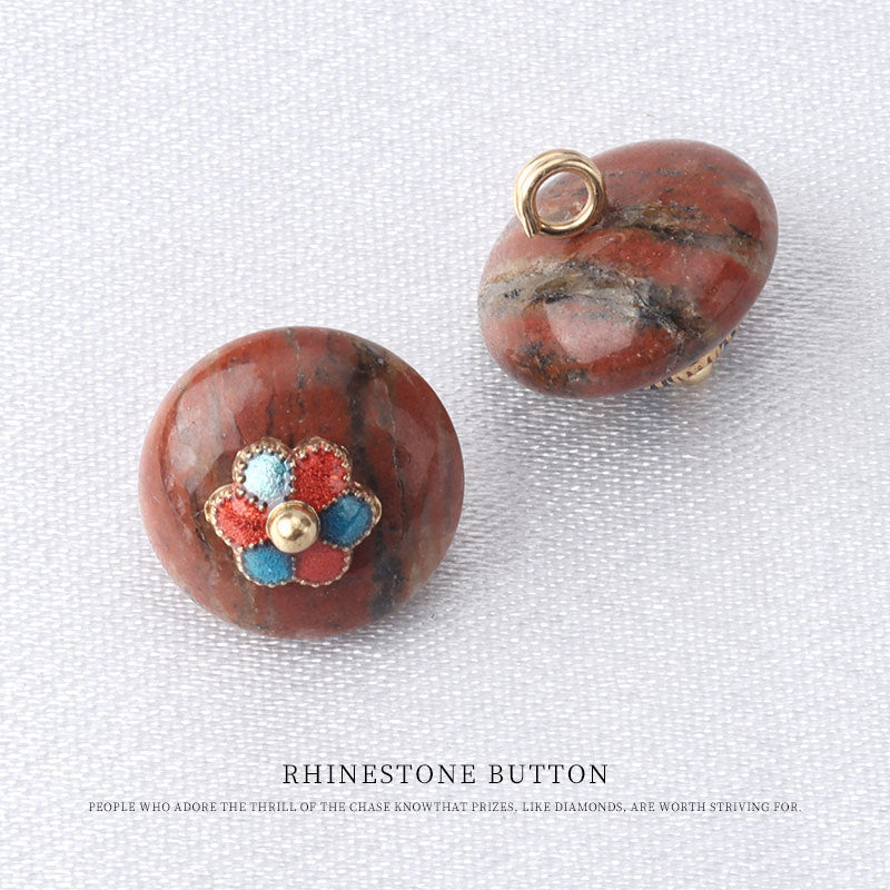 10mm jade buttons: red stone with multicolor flower settings, 2-hole mounts.