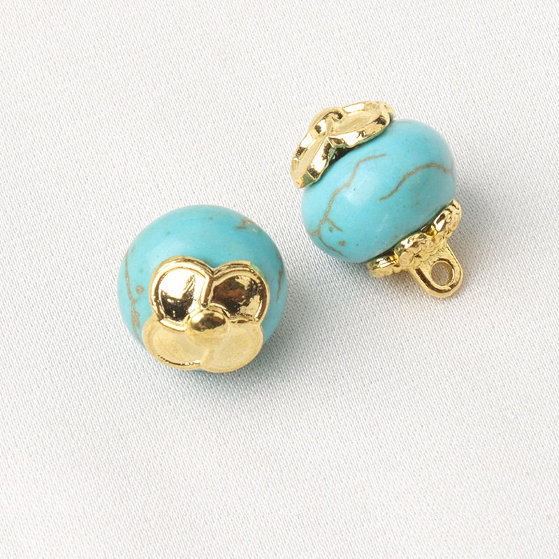 Blue resin flower mount buttons, hexahedral and round shapes with gold floral mounts