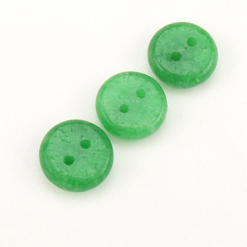 Emerald green round two-hole jade buttons, 12mm, three-piece view