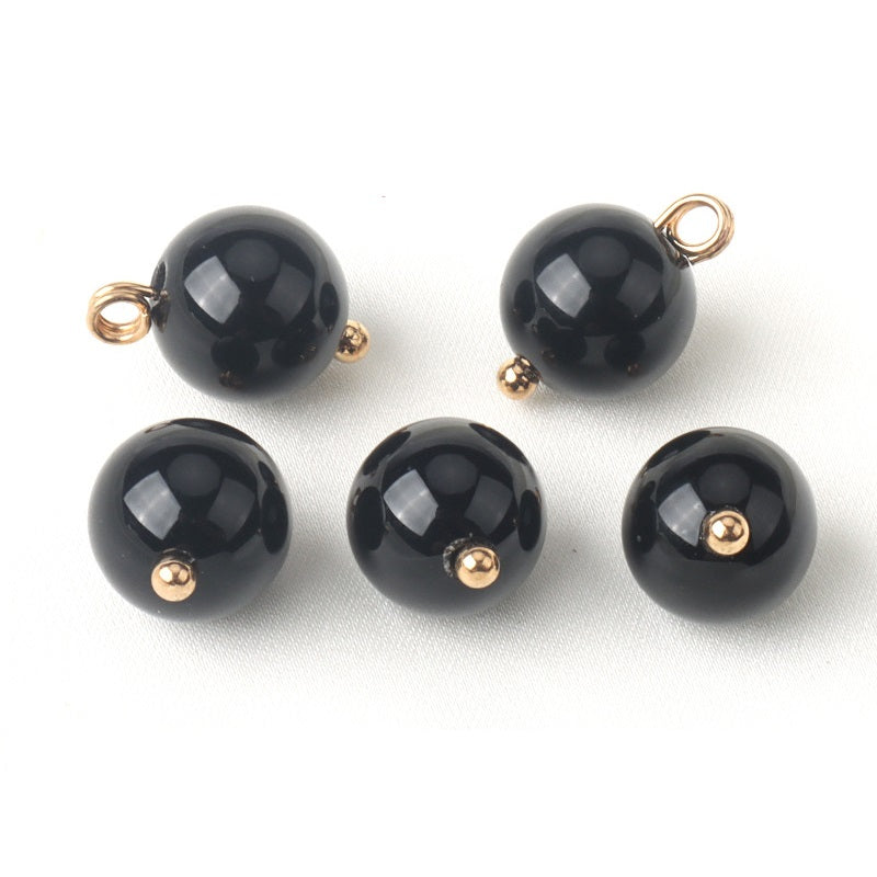 Black 10mm round agate buttons, 2-hole sew-on, gold-tone loop backs (30-pack)