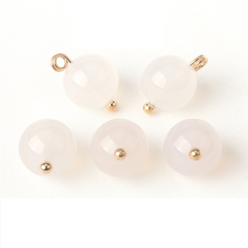 White 10mm round agate buttons, 2-hole sew-on, gold-tone loop backs (30-pack)