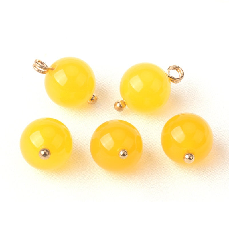 Yellow 10mm round agate buttons, 2-hole sew-on, gold-tone loop backs (30-pack)