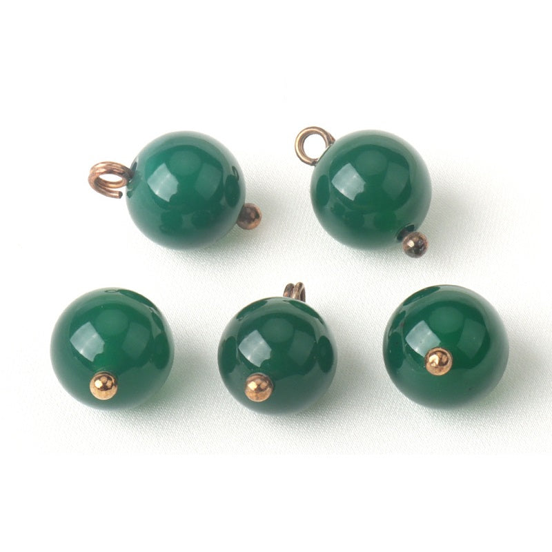 Dark green 10mm round agate buttons, 2-hole sew-on, gold-tone loop backs (30-pack)