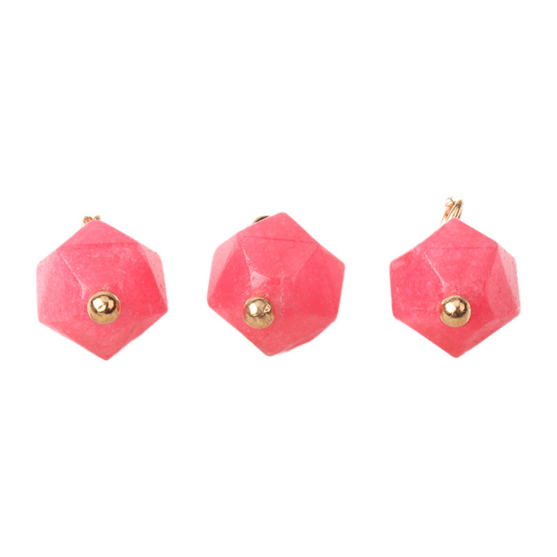 Faceted natural jade buttons, pink color with gold-tone stud and loop, 10mm