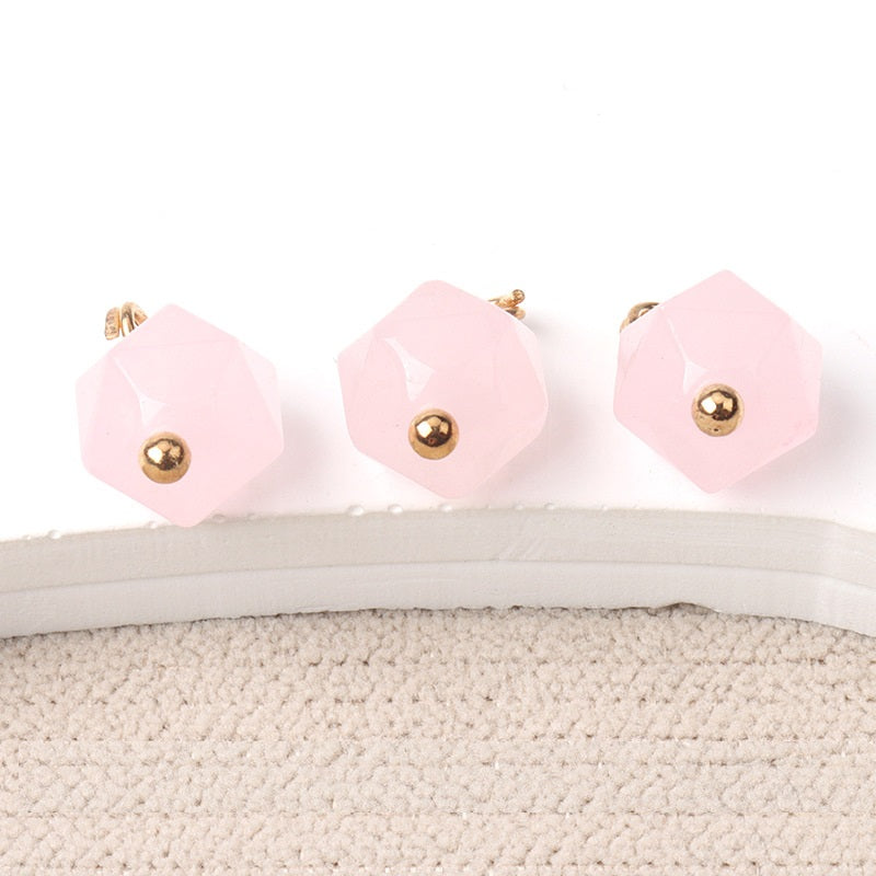 Light pink faceted natural jade buttons with gold-tone stud and loop, 10mm
