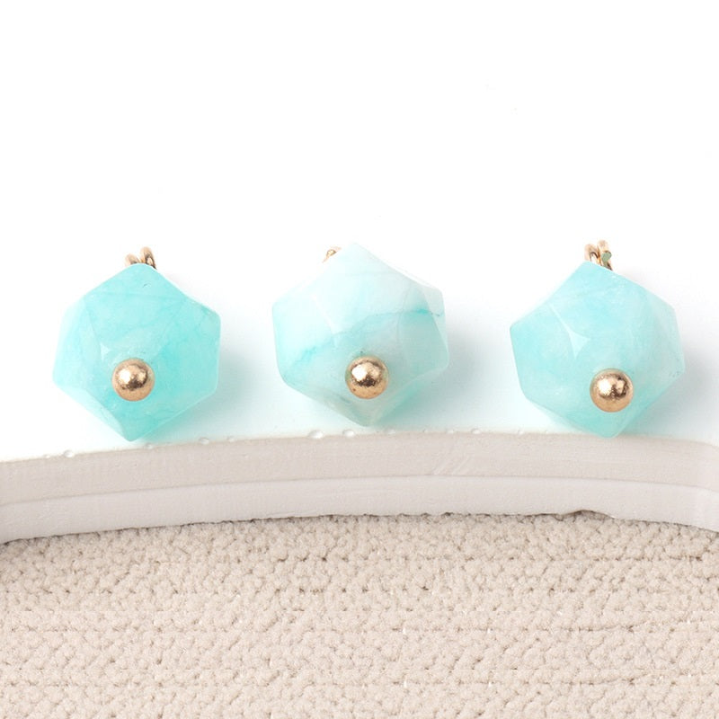 Sky blue faceted natural jade buttons with gold-tone stud and loop, 10mm