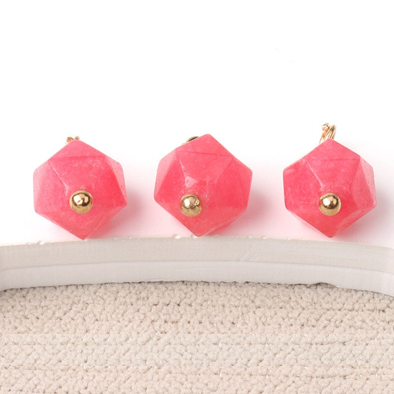 Bright pink faceted natural jade buttons with gold-tone stud and loop, 10mm