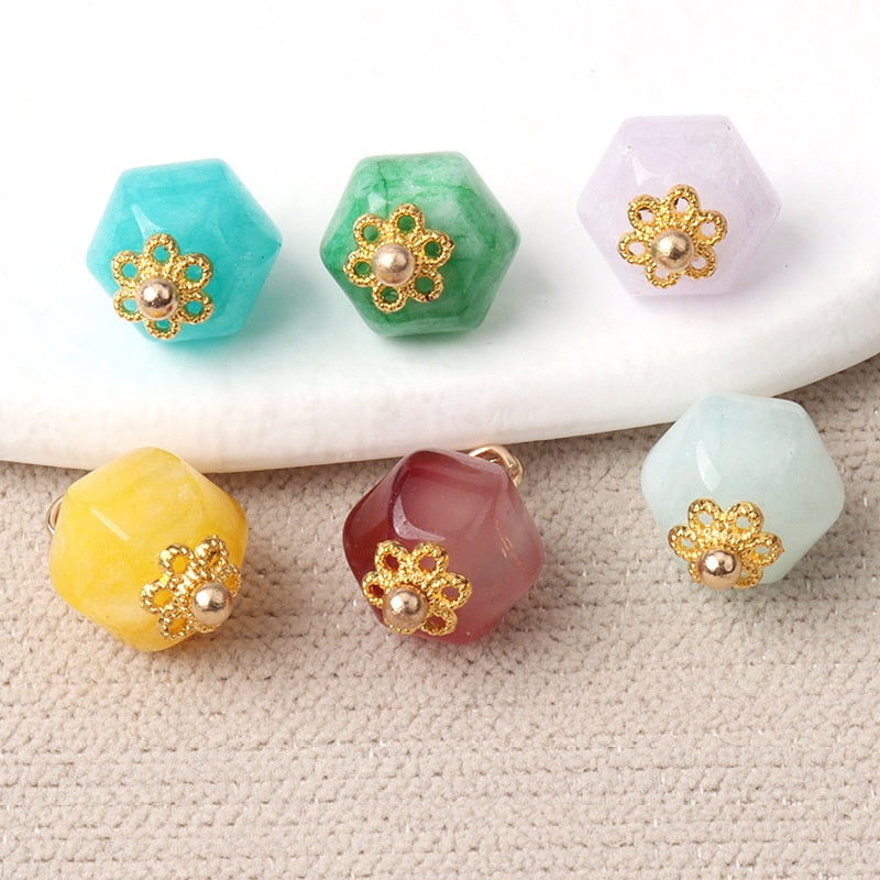 Teal, green, and light purple 11mm jade polyhedron buttons with gold flower filigree