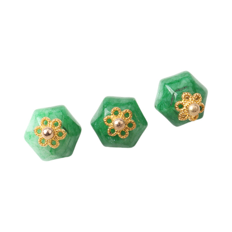 Light green 11mm jade polyhedron button with gold flower filigree and pearl center