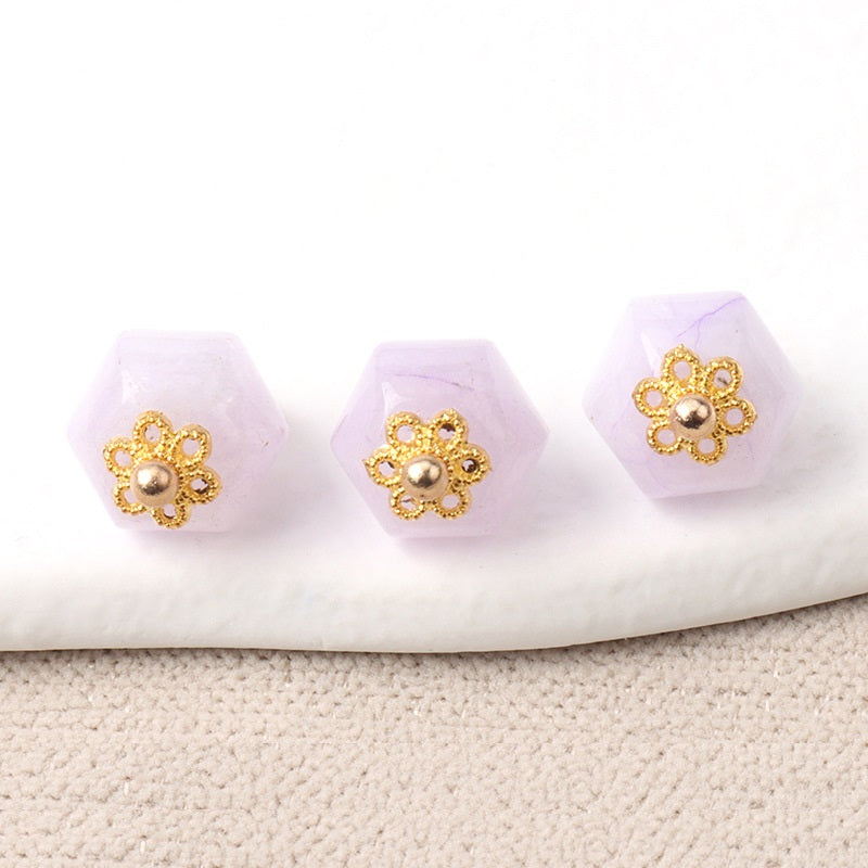 Light purple 11mm jade polyhedron buttons with gold flower filigree and pearl center