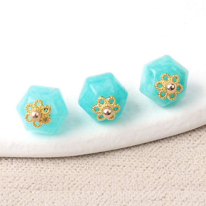 Turquoise 11mm jade polyhedron buttons with gold flower filigree and pearl center