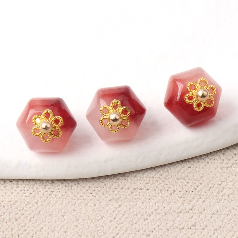 Rose pink 11mm jade polyhedron buttons with gold flower filigree and pearl center