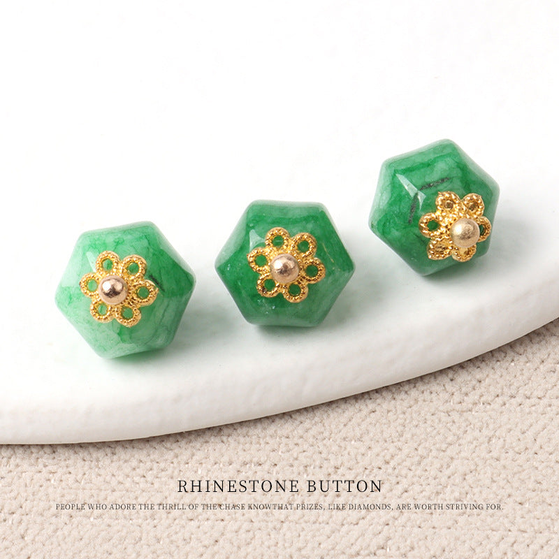 Green 11mm jade polyhedron buttons with gold flower filigree and pearl centers, set of 10