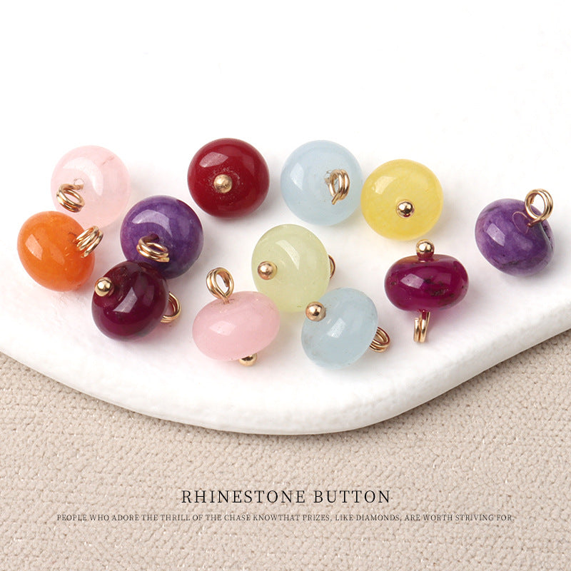 Assorted jade bead buttons with gold studs in pink, purple, red, light blue, yellow