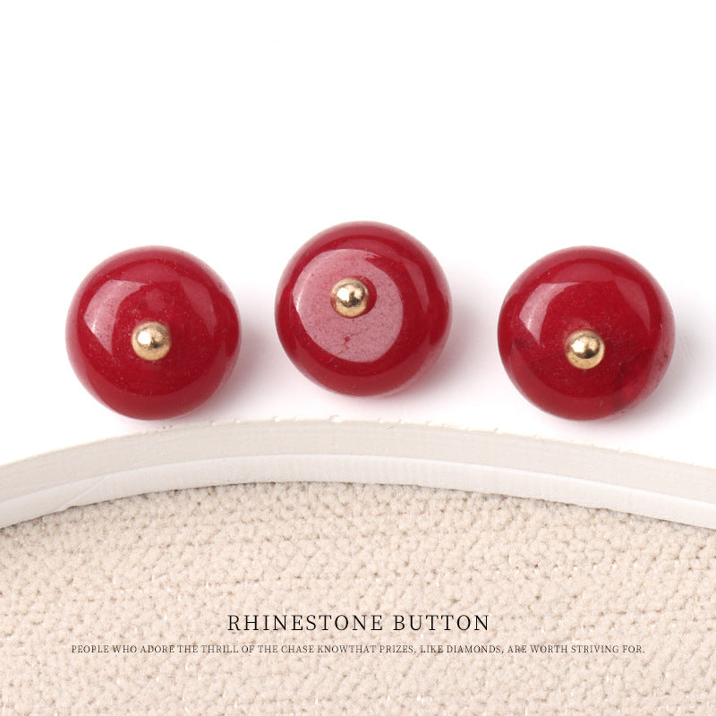 Natural jade bead buttons with gold studs in red