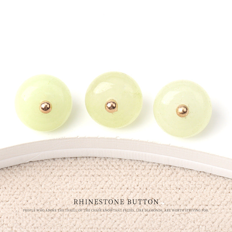 Natural jade bead buttons with gold studs in pale light yellow-green
